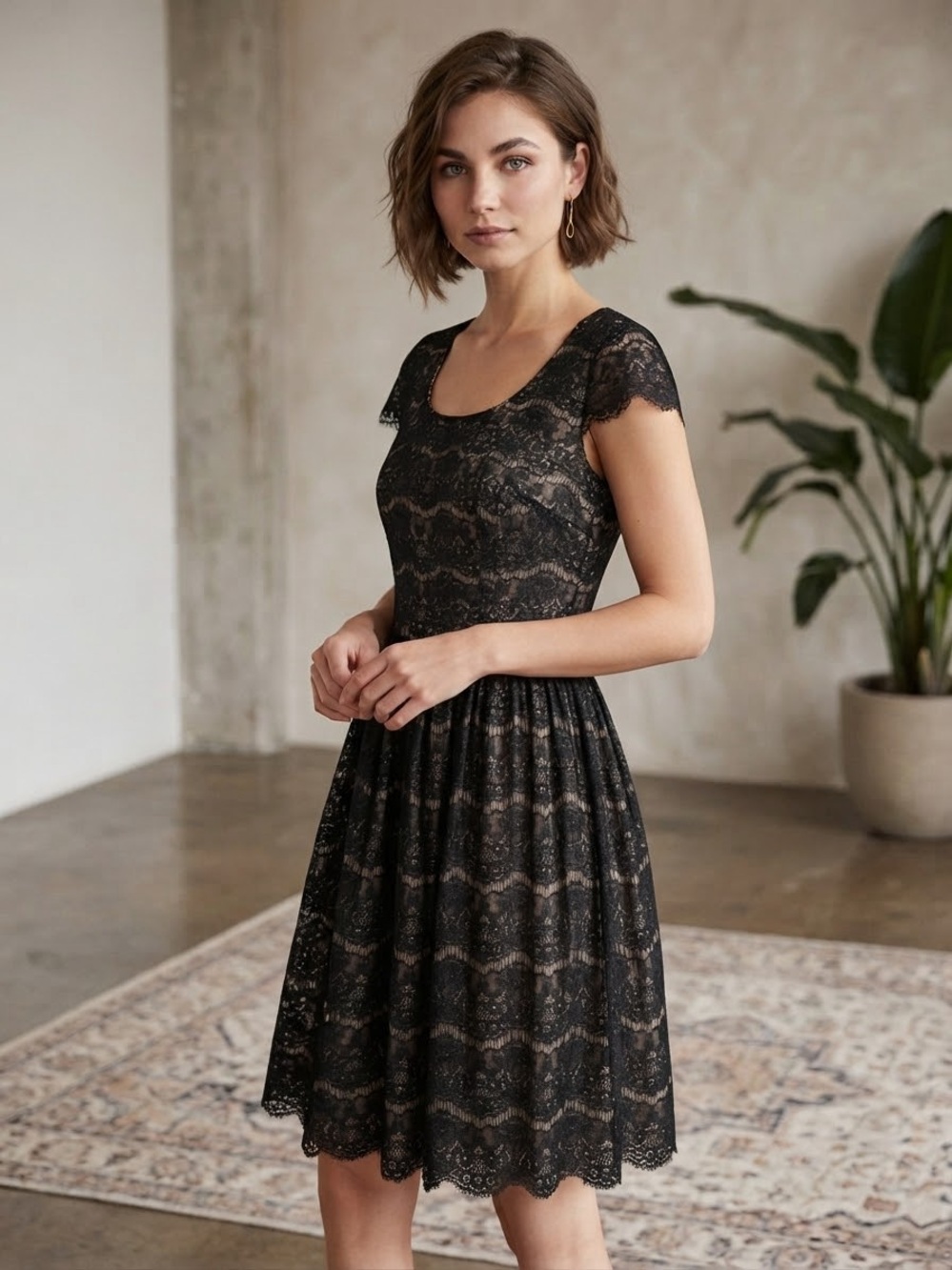Kensie Black Lace Scoop-Neck Fit & Flare Dress